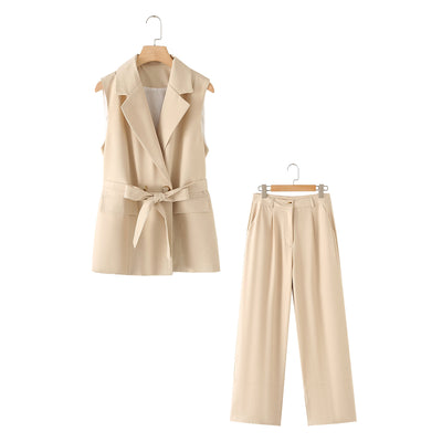 Spring Solid Color Vest and Trousers Suit for Women