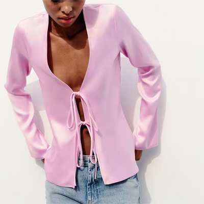 Spring Loose Bow Silk Satin Textured Shirt