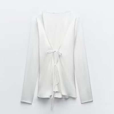 Spring Loose Bow Silk Satin Textured Shirt