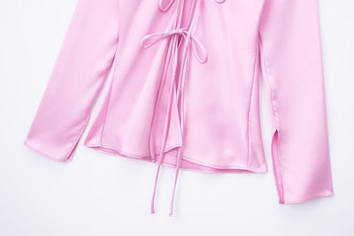 Spring Loose Bow Silk Satin Textured Shirt