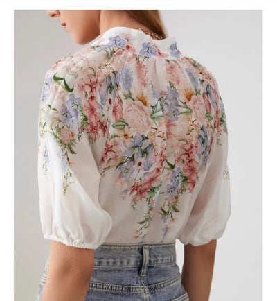 Chemise française ample à col rond pour femme, imprimé assorti avec tout