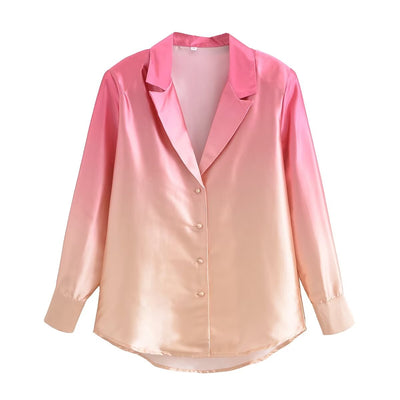 All-Match Orange Pink Gradient Loose Long Sleeve Shirt for Women