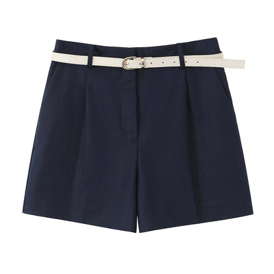 Office Casual Pleated Wide Leg Shorts with Belt for Women