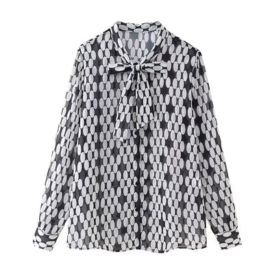 Women Printed Chiffon Bowknot Decoration Shirt