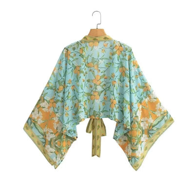 Printed Kimono Knot Tie Loose Sun Protection Top for Women