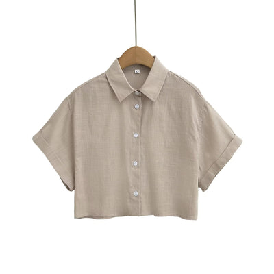 Women's Solid Color Polo Collar Linen Short Casual Shirt with Single Breasted