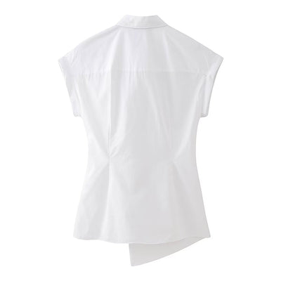 Loose Solid Color Poplin Short Sleeve Shirt with Collared Cardigan Knot for Women