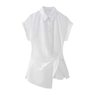 Loose Solid Color Poplin Short Sleeve Shirt with Collared Cardigan Knot for Women