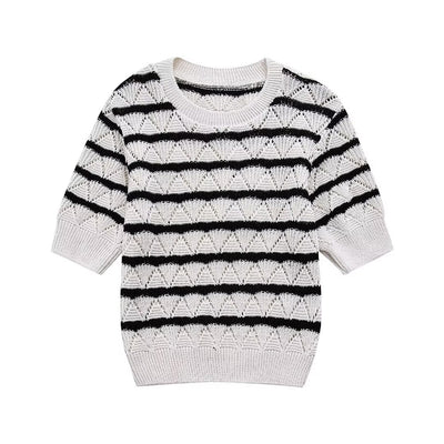 Striped Knitted Top with Knitted Shorts Suit for Women