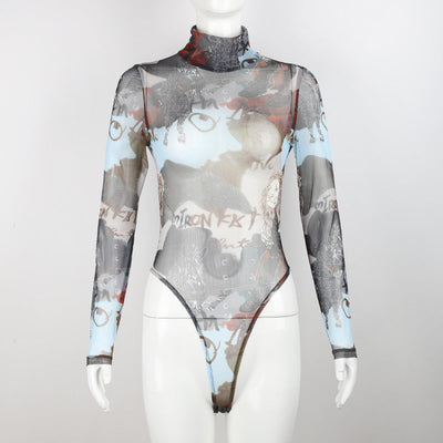 Langärmliger Bodysuit mit transparentem Netzstoff und Buchstabengrafikdruck