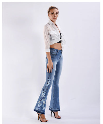 3D Embroidered Denim Bell Bottom Pants Plus Size