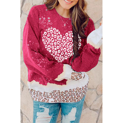 Red Heart Shaped Leopard Print Bleached Sweater