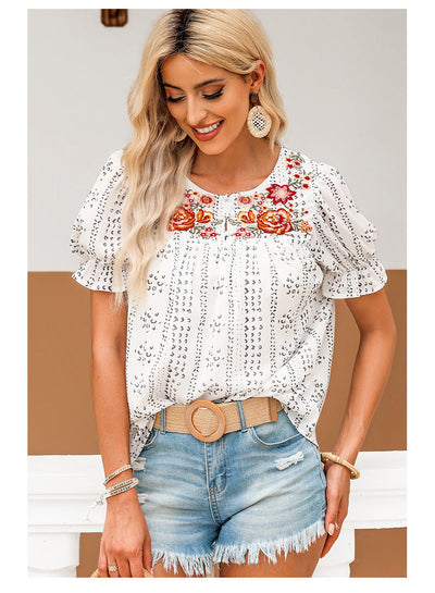 Round Neck Printed Embroidered Short Sleeve Pullover