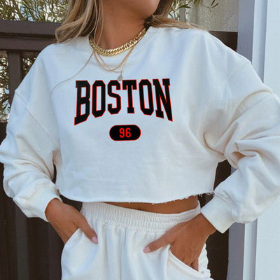 Women's Boston Letter Long-Sleeve Cropped Sweater