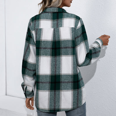 Long Sleeved Plaid Top Loose Casual Shacket Jacket for Women