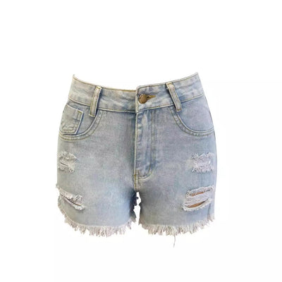 High-Waist Slimming Holes Denim Shorts with Side Double Zipper