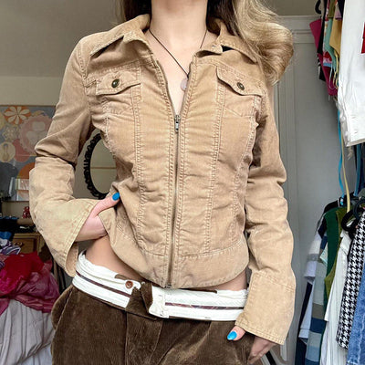 Y2K Jacket Khaki Collared Zipper Corduroy Coat