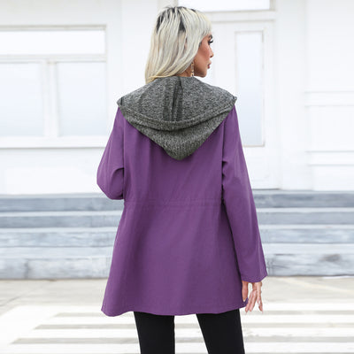 Casual Waist Tight Double Zipper Contrast Color Coat Mid Length Hood Windbreaker