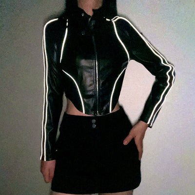 Metallic Asymmetric Hem Short Cropped-Exposed Jacket