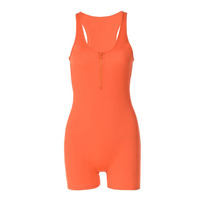 Women Summer Solid Color Slim Zipper Sleeveless Jumpsuit