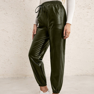 Women's Loose Casual Biker Leather Ankle-Tied Trousers