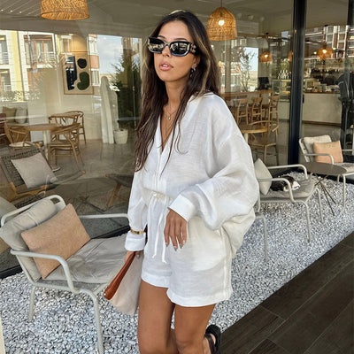 Casual Set V Neck Loose Shirt with High Waist Drawstring Shorts