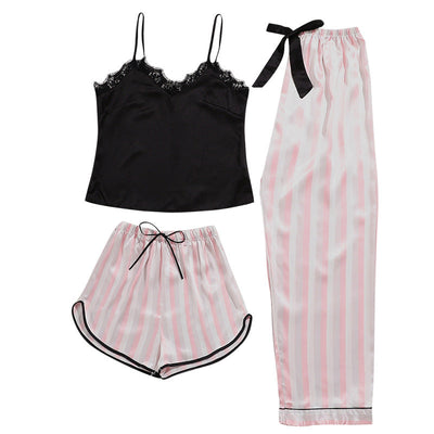 Women Striped Pajamas Three Piece Set