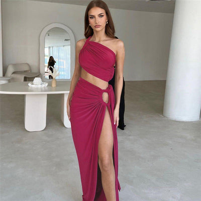 Oblique Shoulder Backless Vest Slim Fit Slit Skirt Set for Women