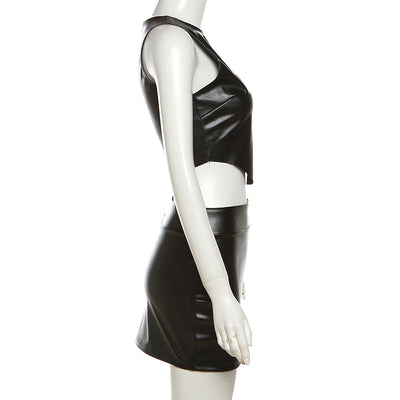 Faux Leather Sleeveless Vest Hip Skirt Sets for Women