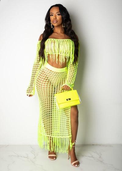 Casual Mesh Tassel Beach Skirt Two Piece Set