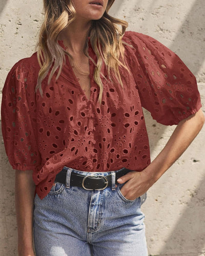 Women's Embroidery Hollow Out Lantern Sleeve Shirt