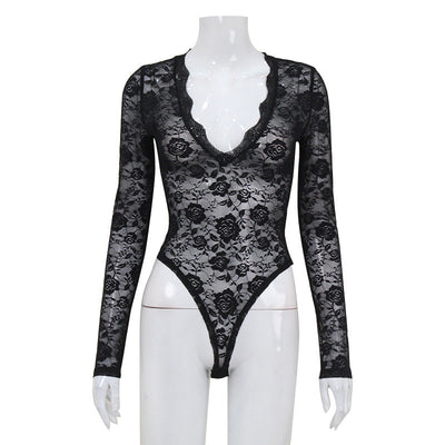 Sexy Lace See-through Long Sleeve Jumpsuit Top