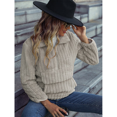 half-zip sunken stripe plush casual sweatshirt