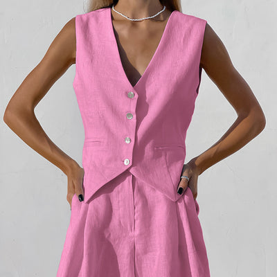 Casual Sleeveless Tank Top and Shorts Two-Piece Cotton Linen Suit for Women