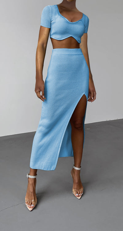 Summer Short Sleeve Thread Skirt Slit Suit