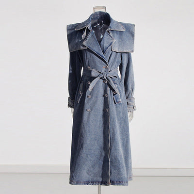 Denim Trench Coat Polo Collar Lace up Design