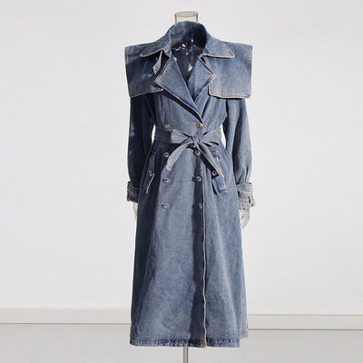 Denim Trench Coat Polo Collar Lace up Design