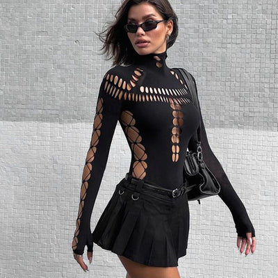 Spider Web Turtleneck Slim Fit Jumpsuit with Hollow Out Ripped Detail