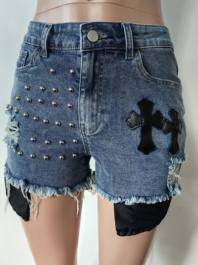 Short extensible en denim perlé pour femme