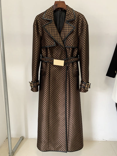 Star Belt Jacquard Maze Pattern Long Trench Coat