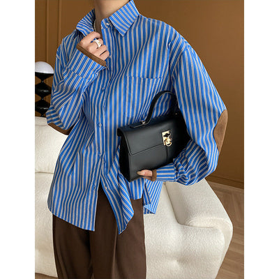 French Intellectual Suede Stitching Vertical Striped Loose Shirt