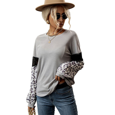 Leopard Print Contrast Color Knitwear Top Stitching