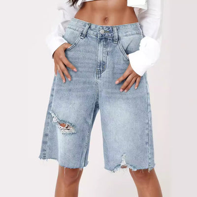 High-Waist-Retro-Distressed-Jeans: Lockere, verkürzte Hose mit offenem Saum