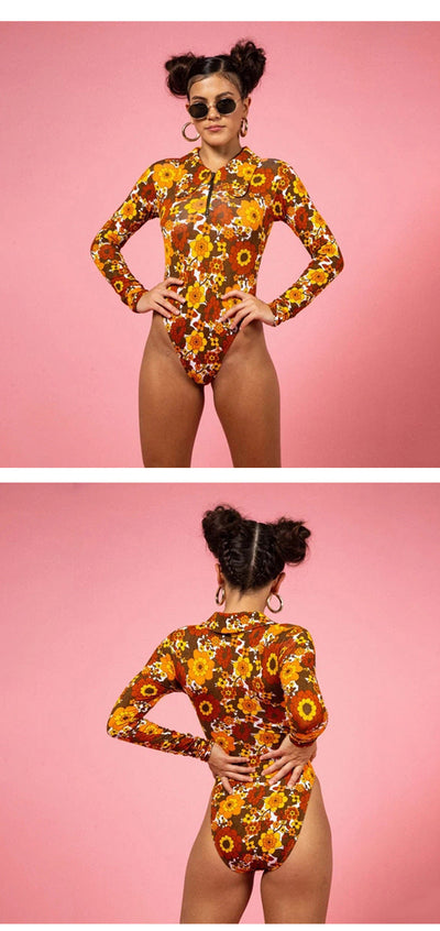 Women's V-neck Printed Slimming Tight Bodysuit