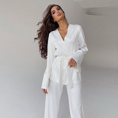 Ice Silk Robe Blouse Pants Pajamas Ladies Homewear