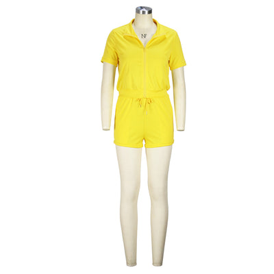 Short Sleeve Zip Top Shorts Suit Casual Two-Piece Set for Women