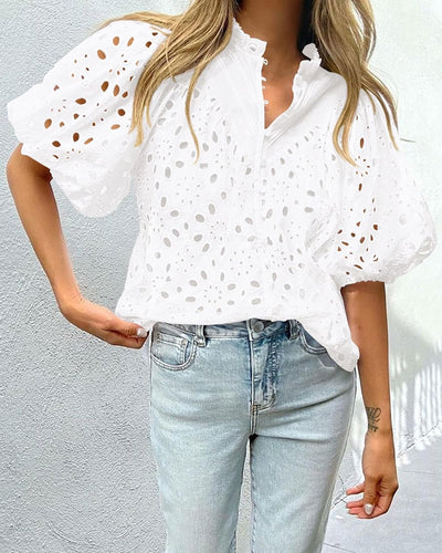 Women's Embroidery Hollow Out Lantern Sleeve Shirt