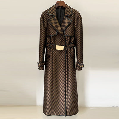 Star Belt Jacquard Maze Pattern Long Trench Coat