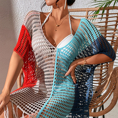 Loose V-neck Tassel Hollow Out Bikini Beach Cover-up