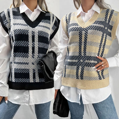 Women Knitted Vest Casual Plaid Sweater